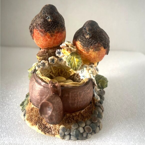 Two American Robin Birds On Nest with Eggs in Tea Pot Flowers Figurine - Picture 2 of 5